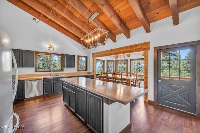 638 N Martin Dr, Zephyr Cove, NV 89448 - kitchen featuring stainless steel dishwasher, butcher block countertops, a chandelier, plenty of natural light, and wood ceiling