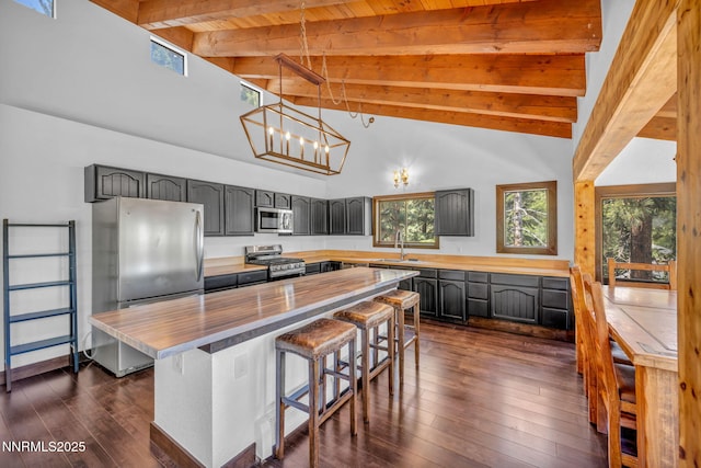638 N Martin Dr, Zephyr Cove, NV 89448 - kitchen with appliances with stainless steel finishes, butcher block counters, dark wood-style flooring, wood ceiling, and a breakfast bar area