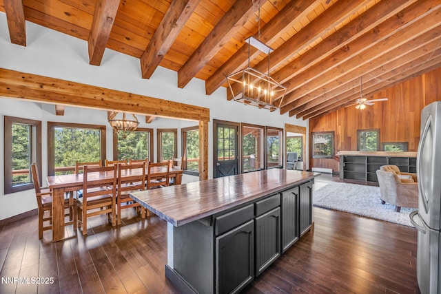 638 N Martin Dr, Zephyr Cove, NV 89448 - kitchen featuring a chandelier, wood counters, freestanding refrigerator, plenty of natural light, and wooden ceiling