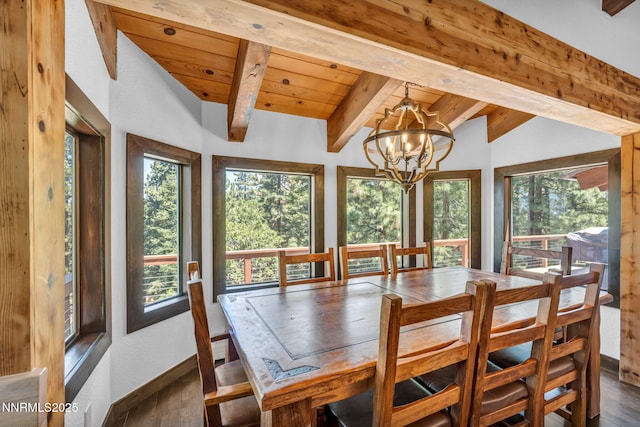 638 N Martin Dr, Zephyr Cove, NV 89448 - dining room featuring dark wood finished floors, a wooden ceiling with exposed beams, a chandelier, and healthy amount of natural light