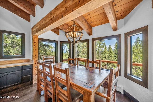 638 N Martin Dr, Zephyr Cove, NV 89448 - dining area featuring a wooden ceiling with exposed beams, dark wood finished floors, and a chandelier