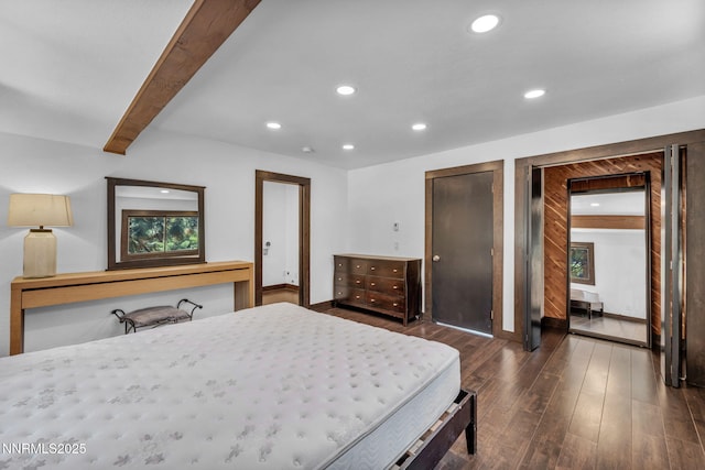 638 N Martin Dr, Zephyr Cove, NV 89448 - bedroom with dark wood-style floors, recessed lighting, two closets, and beam ceiling