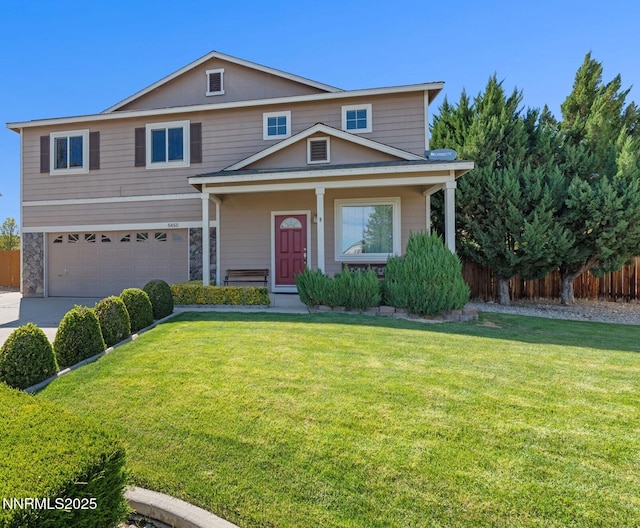 5455 Montego Ct, Reno, NV 89523 - traditional-style house with a garage, concrete driveway, stone siding, and a porch