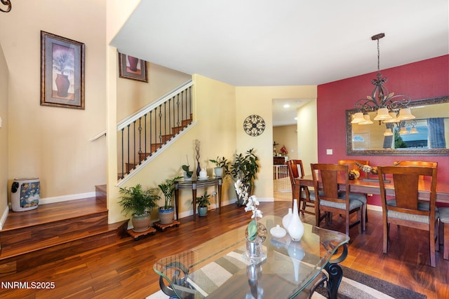 5455 Montego Ct, Reno, NV 89523 - living room featuring hardwood / wood-style floors, stairs, and a chandelier