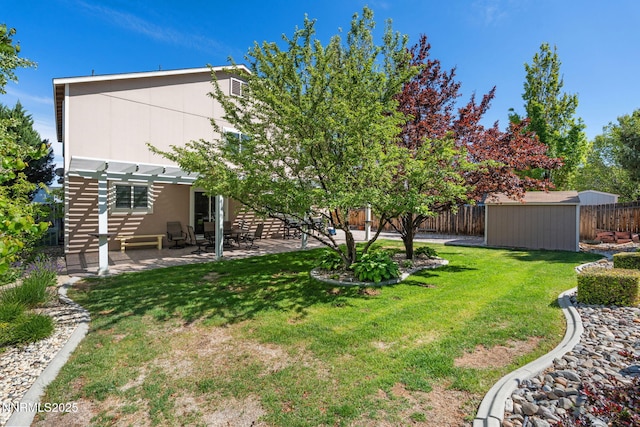 5455 Montego Ct, Reno, NV 89523 - fenced backyard with a pergola, a patio area, and a storage shed