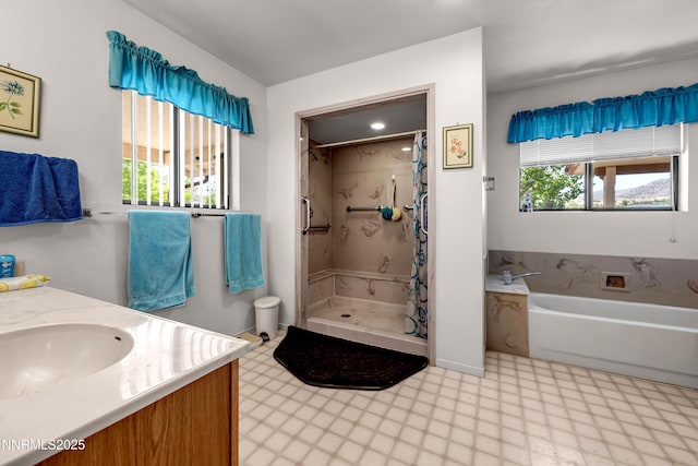 2855 Wilcox Ranch Rd, Reno, NV 89510 - bathroom featuring a shower stall, a bath, tile patterned floors, and vanity