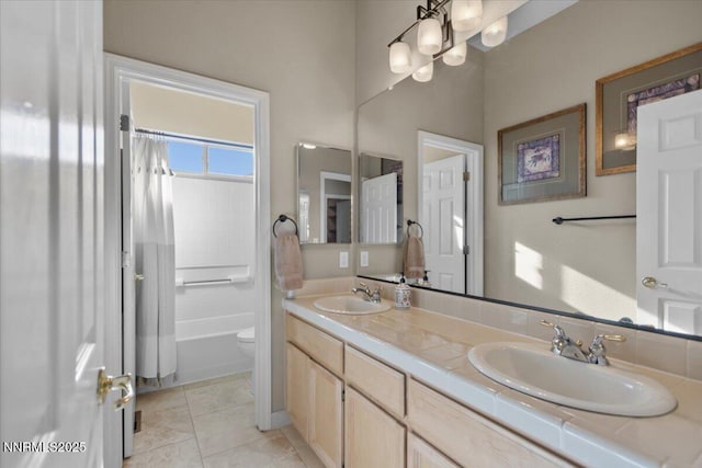 3215 Epic Ave, Reno, NV 89512 - bathroom featuring double vanity, shower / bath combination with curtain, tile patterned floors, and a chandelier