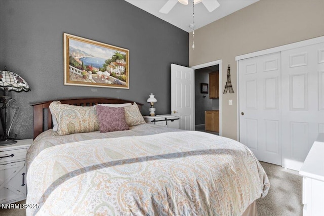 3215 Epic Ave, Reno, NV 89512 - bedroom featuring light colored carpet, a closet, ceiling fan, and high vaulted ceiling