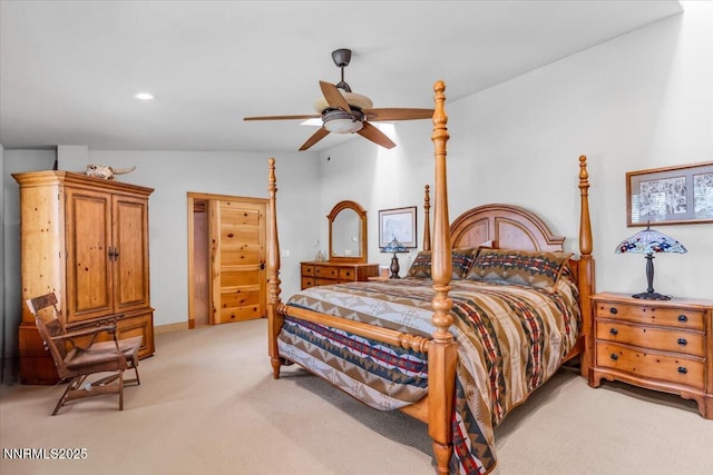 458 Center St, Zephyr Cove, NV 89448 - bedroom with light colored carpet, recessed lighting, and a ceiling fan
