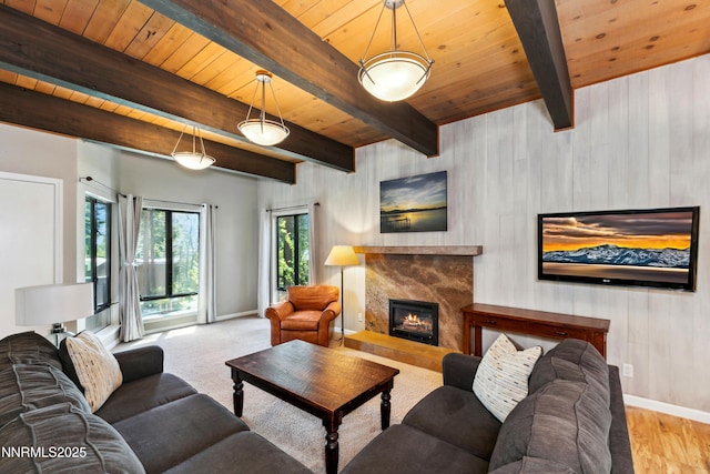 136 Juanita Dr Unit 47, Incline Village, NV 89451 - living area featuring a wood ceiling with exposed beams, a premium fireplace, wooden walls, and wood finished floors