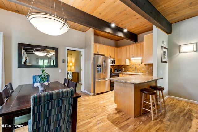 136 Juanita Dr Unit 47, Incline Village, NV 89451 - kitchen with appliances with stainless steel finishes, light brown cabinets, a wooden ceiling with exposed beams, decorative backsplash, and light wood finished floors