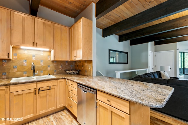 136 Juanita Dr Unit 47, Incline Village, NV 89451 - kitchen with stainless steel dishwasher, light brown cabinets, a peninsula, a wooden ceiling with exposed beams, and light wood-style floors