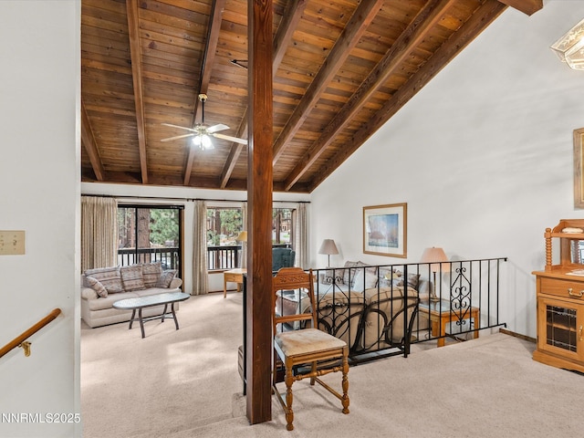 178 Tahoma Cir Unit B, Zephyr Cove, NV 89448 - sitting room with a wood ceiling with exposed beams, carpet flooring, ceiling fan, an upstairs landing, and high vaulted ceiling