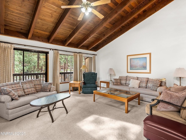 178 Tahoma Cir Unit B, Zephyr Cove, NV 89448 - living room featuring carpet flooring, a wood ceiling with exposed beams, high vaulted ceiling, and a ceiling fan