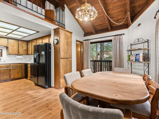 178 Tahoma Cir Unit B, Zephyr Cove, NV 89448 - dining area with light wood-style flooring, a chandelier, a wooden ceiling with exposed beams, and high vaulted ceiling