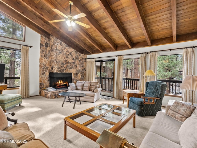 178 Tahoma Cir Unit B, Zephyr Cove, NV 89448 - living area with wooden ceiling, carpet floors, a stone fireplace, and a ceiling fan
