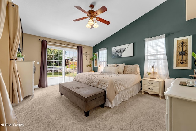 1450 Talon Ct, Spanish Springs, NV 89441 - bedroom with lofted ceiling, light colored carpet, access to exterior, and ceiling fan