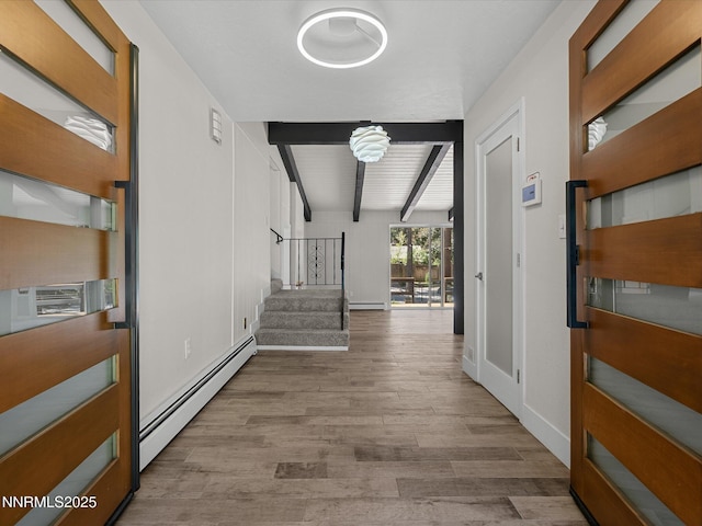 189 Ray Way, Zephyr Cove, NV 89448 - entrance foyer with a baseboard heating unit, beam ceiling, stairway, and wood finished floors