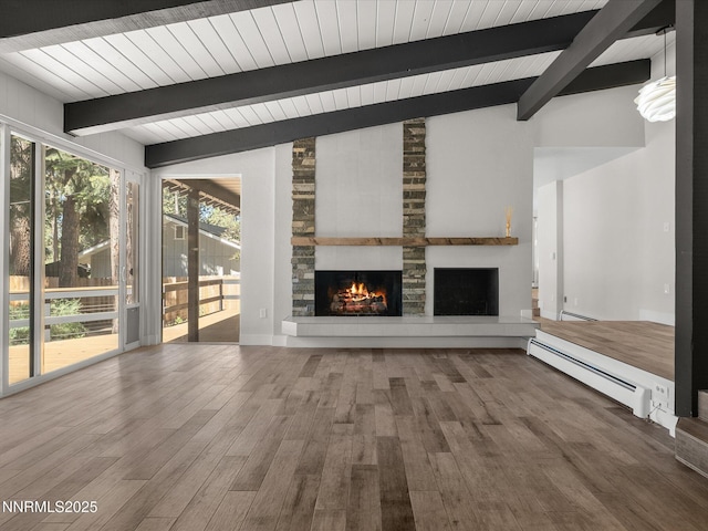 189 Ray Way, Zephyr Cove, NV 89448 - unfurnished living room featuring baseboard heating, a fireplace, wood finished floors, and wood ceiling