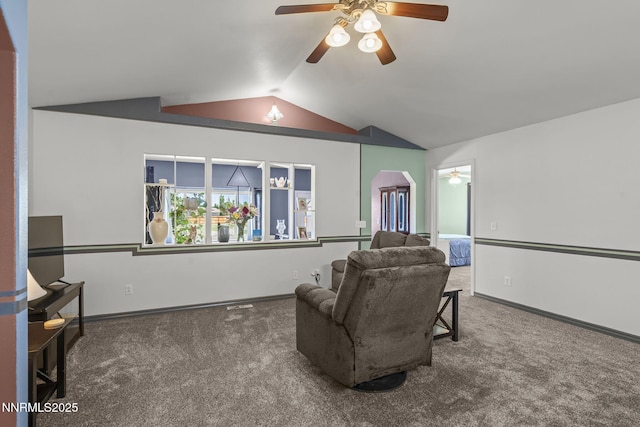 610 Hunter Park Way, Fallon, NV 89406 - living room with a ceiling fan, carpet floors, vaulted ceiling, and arched walkways