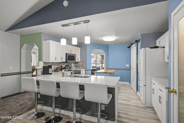610 Hunter Park Way, Fallon, NV 89406 - kitchen with appliances with stainless steel finishes, arched walkways, a peninsula, light wood-style floors, and tasteful backsplash