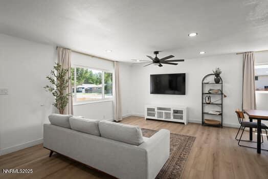 1203 Stanford Way, Sparks, NV 89431 - living room with a ceiling fan, wood finished floors, and recessed lighting