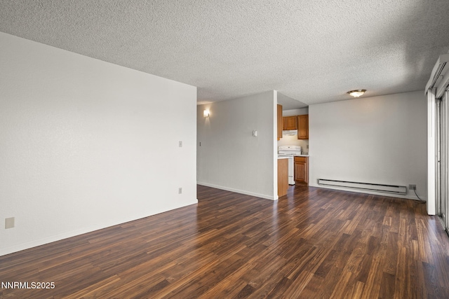3948 Clear Acre Ln Unit 262, Reno, NV 89512 - unfurnished living room featuring a baseboard radiator, dark wood-style floors, and a textured ceiling