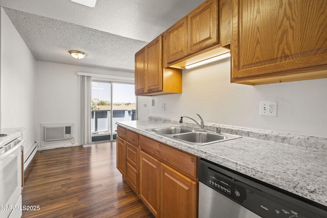 3948 Clear Acre Ln Unit 262, Reno, NV 89512 - kitchen featuring dishwasher, a wall mounted air conditioner, white electric range oven, light countertops, and dark wood-style flooring