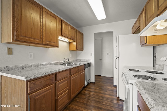3948 Clear Acre Ln Unit 262, Reno, NV 89512 - kitchen featuring electric range, under cabinet range hood, dishwasher, dark wood-style flooring, and brown cabinetry
