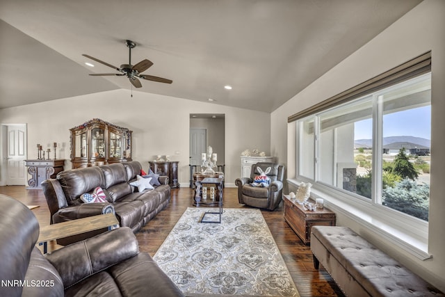 150 Brandon Ranch Ct, Reno, NV 89510 - living room featuring vaulted ceiling, ceiling fan, dark wood-style floors, and recessed lighting