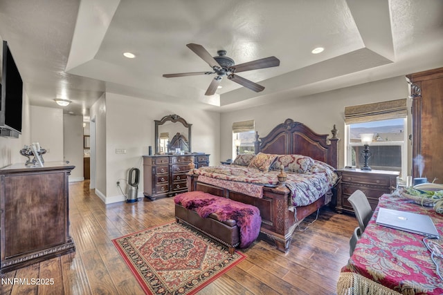 150 Brandon Ranch Ct, Reno, NV 89510 - bedroom with a raised ceiling, wood-type flooring, a ceiling fan, and recessed lighting