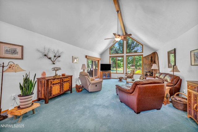 1008 Georgia Ln, Gardnerville, NV 89460 - living area with a ceiling fan, carpet flooring, beamed ceiling, plenty of natural light, and high vaulted ceiling