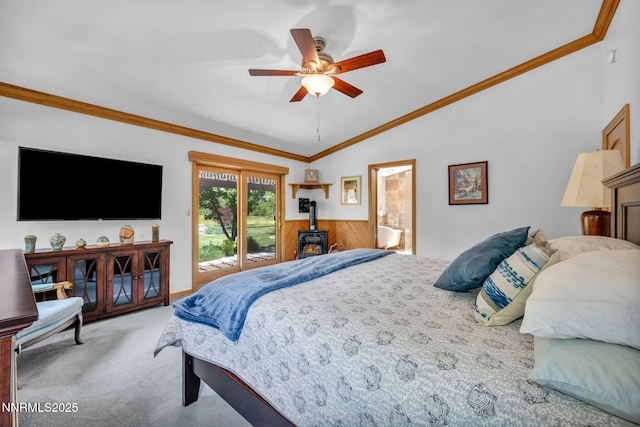 1008 Georgia Ln, Gardnerville, NV 89460 - bedroom with lofted ceiling, carpet, a wood stove, crown molding, and a ceiling fan