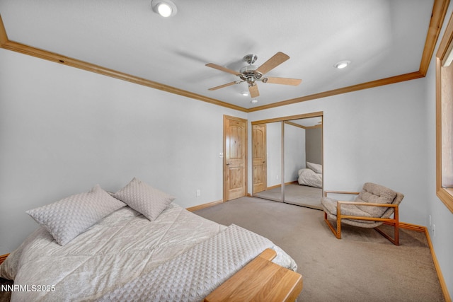 1008 Georgia Ln, Gardnerville, NV 89460 - carpeted bedroom with crown molding, a closet, a ceiling fan, and recessed lighting