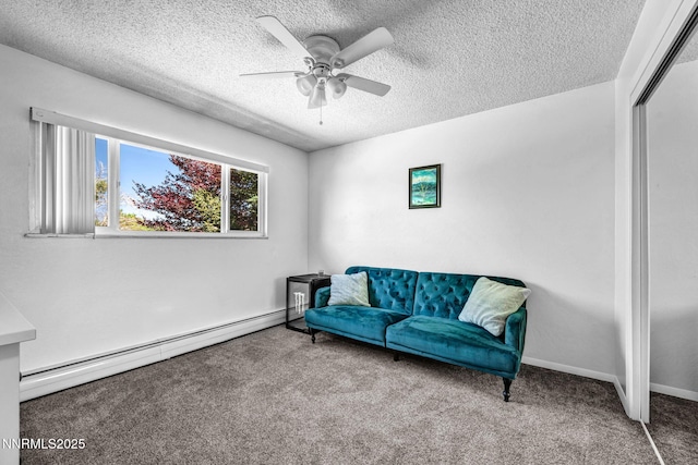 700 Highland St, Carson City, NV 89703 - living area with a baseboard radiator, carpet, a ceiling fan, and a textured ceiling
