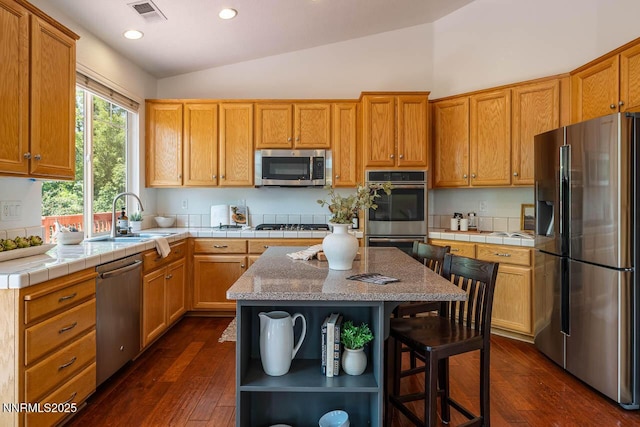 7436 Baysheen Ct, Sparks, NV 89436 - kitchen featuring appliances with stainless steel finishes, open shelves, lofted ceiling, dark wood-type flooring, and a center island