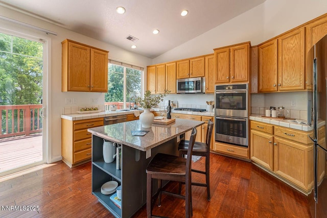 7436 Baysheen Ct, Sparks, NV 89436 - kitchen with stainless steel appliances, vaulted ceiling, dark wood finished floors, a kitchen bar, and recessed lighting
