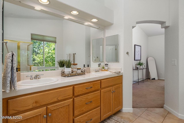 7436 Baysheen Ct, Sparks, NV 89436 - bathroom with double vanity, recessed lighting, a shower stall, and tile patterned floors