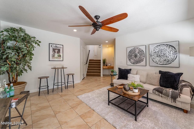 7436 Baysheen Ct, Sparks, NV 89436 - living room featuring stairs, ceiling fan, recessed lighting, and light tile patterned flooring