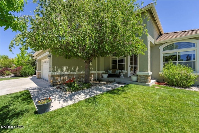 6648 Equation Dr, Sparks, NV 89436 - view of front of property with stone siding, concrete driveway, stucco siding, and a front yard
