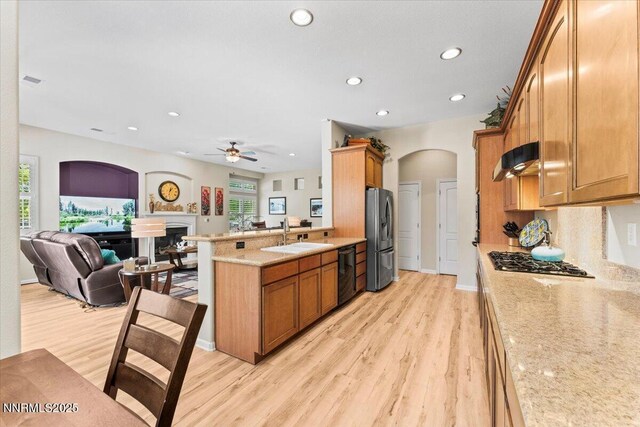 6648 Equation Dr, Sparks, NV 89436 - kitchen with appliances with stainless steel finishes, exhaust hood, light wood-style flooring, arched walkways, and recessed lighting