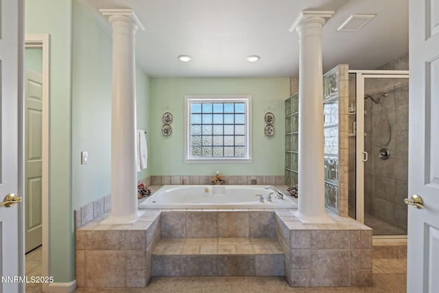 3555 Vista Blvd, Sparks, NV 89436 - full bathroom with decorative columns, a bath, a shower stall, and recessed lighting