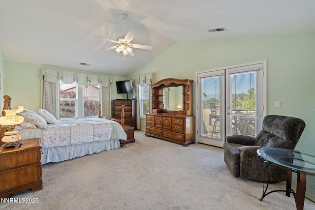 3555 Vista Blvd, Sparks, NV 89436 - carpeted bedroom with access to outside, vaulted ceiling, and a ceiling fan
