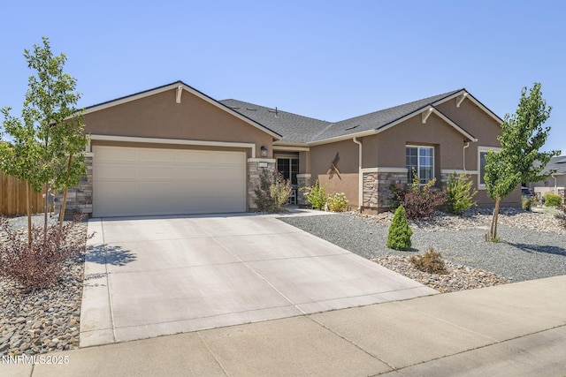 6496 Arc Dome Dr, Carson City, NV 89701 - single story home with stucco siding, stone siding, a garage, and driveway