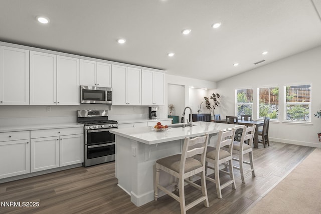 6496 Arc Dome Dr, Carson City, NV 89701 - kitchen with appliances with stainless steel finishes, recessed lighting, dark wood-style floors, light countertops, and lofted ceiling