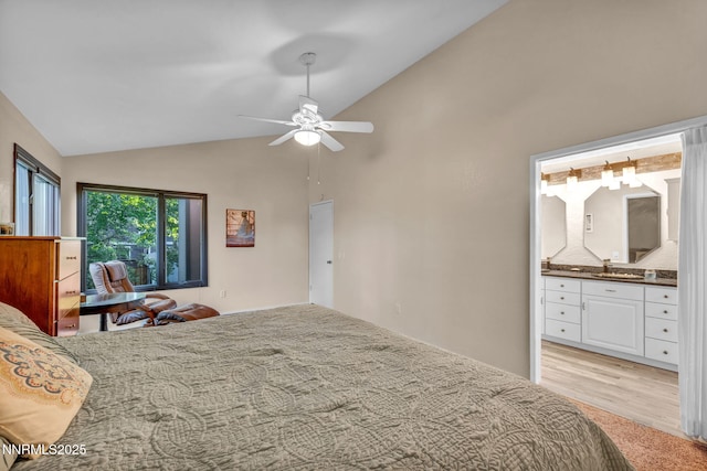 6437 Meadow Valley Ln, Reno, NV 89519 - bedroom with high vaulted ceiling, ensuite bath, and ceiling fan