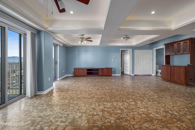 200 W 2nd St Apt 1501, Reno, NV 89501 - unfurnished living room featuring ceiling fan, coffered ceiling, beamed ceiling, and recessed lighting
