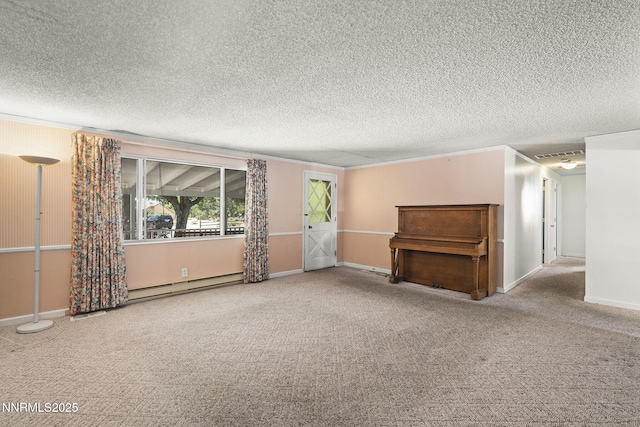 9100 Rain Dance Way, Reno, NV 89506 - unfurnished living room with baseboard heating, carpet floors, a textured ceiling, and ornamental molding