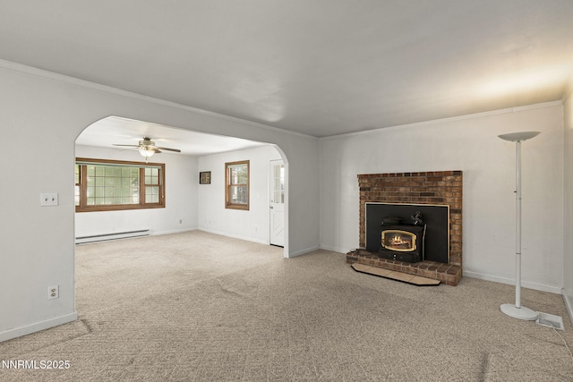 9100 Rain Dance Way, Reno, NV 89506 - unfurnished living room with a baseboard radiator, arched walkways, carpet floors, and ornamental molding