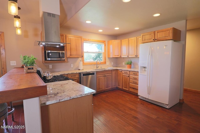 80 Bobcat Dr, Reno, NV 89523 - kitchen with stainless steel appliances, extractor fan, a peninsula, light brown cabinetry, and recessed lighting